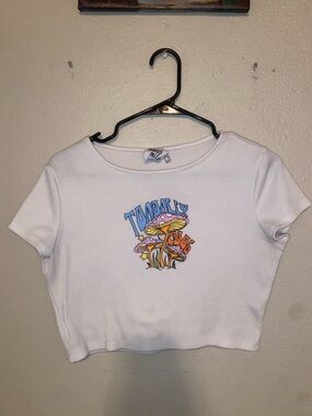 Princess Polly White Crop Tee with mushroom and ‘toadally cool’ graphic